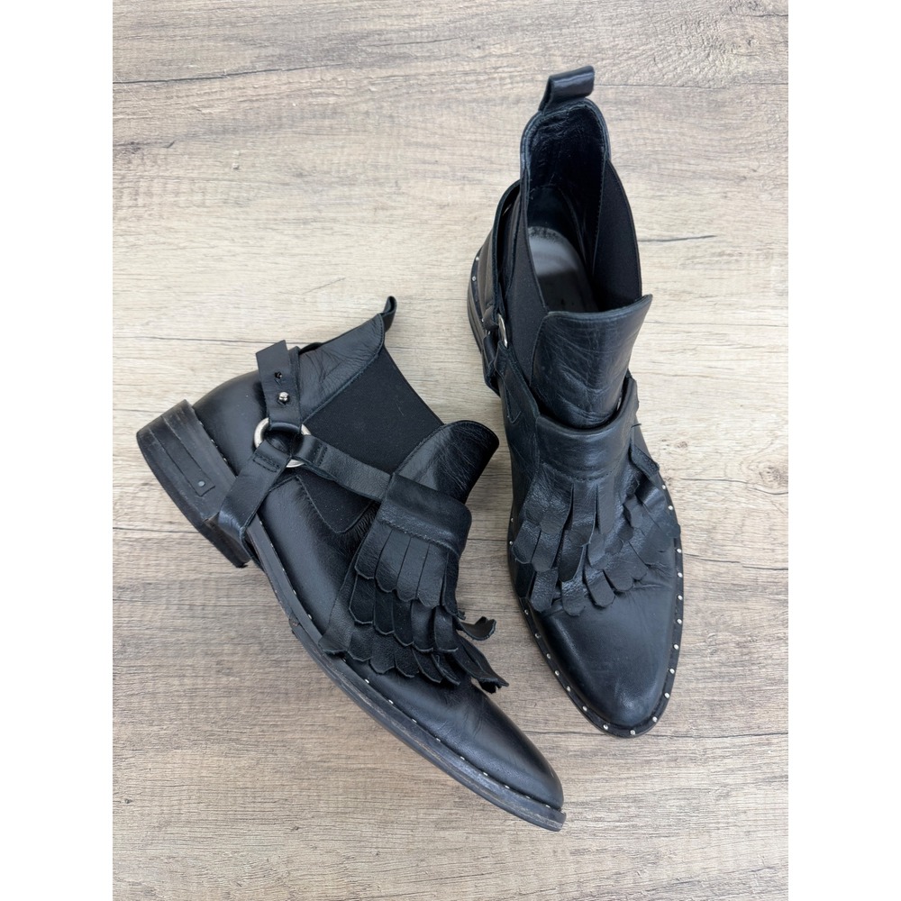 Freda Salvador Black Leather Kiltie Fringe Harness Ankle Boots Studded Size 8